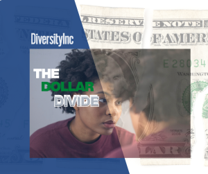 Dollar Divide logo with Black woman sadly looking at her reflection in the mirro