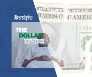Fair360, formerly DiversityInc Dollar Divide logo with a picture of a Black man sick on a medical bed in the hospital
