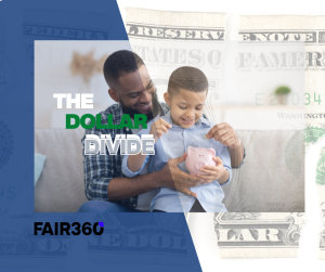 Dollar Divide Logo Man holding a child on his lap with a piggy bank on his lap
