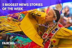 5 Biggest News Stories of the Week banner over an image of an Indigenous woman dancing